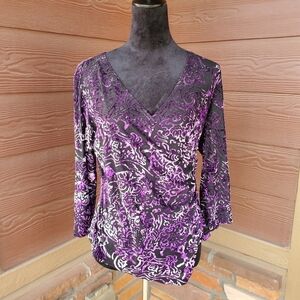 Fashion Bug Stretchy Velvet Patterned Ruched Faux Wrap Long Sleeve Top NWOT